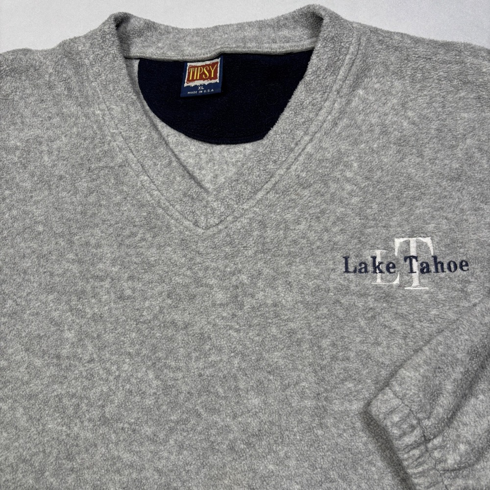 Tipsy Fleece Pullover Men XL Gray Lake Tahoe V-Neck Long Sleeve Made in USA